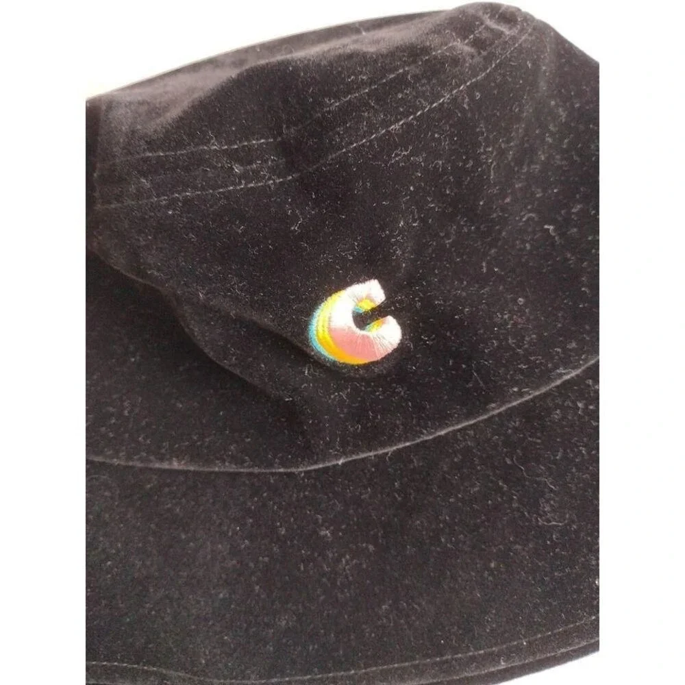 CIDER Black Velvet Bucket‎ Hat Embroidered C Logo Rainbow Accent Unisex